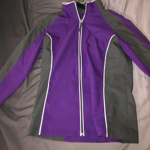 Grey, purple zip up sweater.